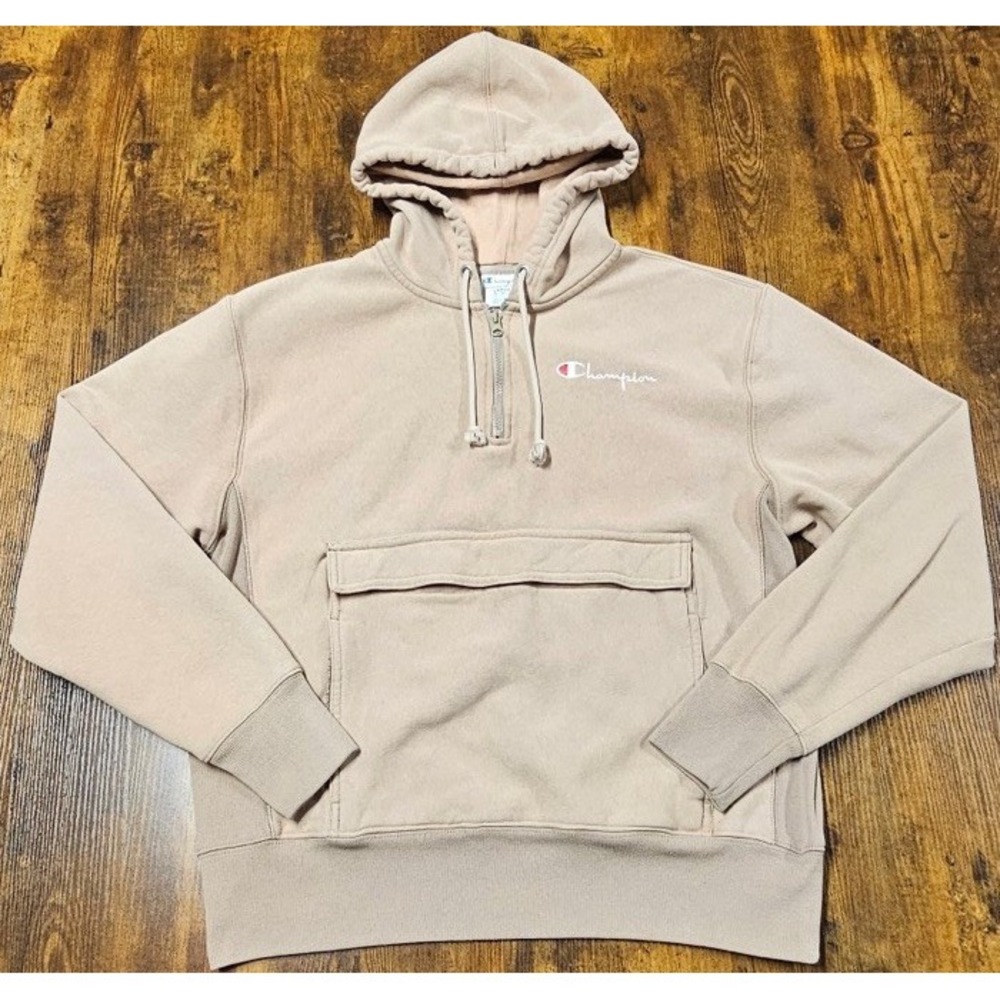 Champion Reverse Weave Anorak Beige Hoodie Zippered Pocket Men's Size Large